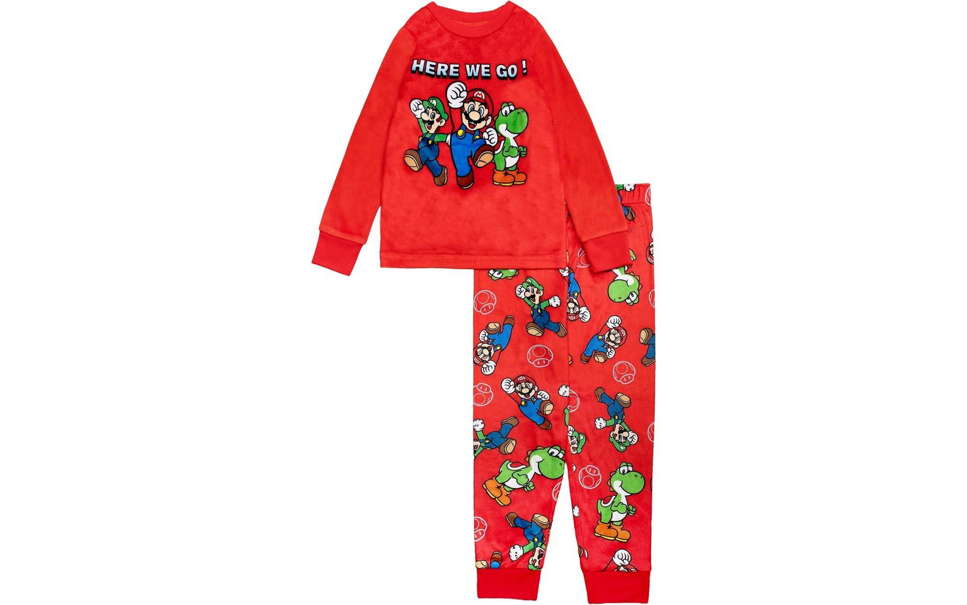 Super Mario Boys 2-Piece Fleece Pajama Set Featuring Mario Luigi and Yoshi Soft Long Sleeve Top with Matching Pants Sleepwear