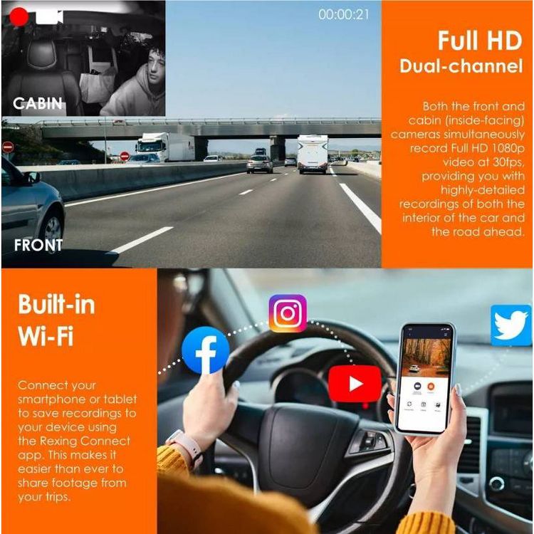 Rexing V3C Dual Channel Front &#38; Cabin 1080p Dash Cam with App Control: Vehicle Electronics, 4 of 17