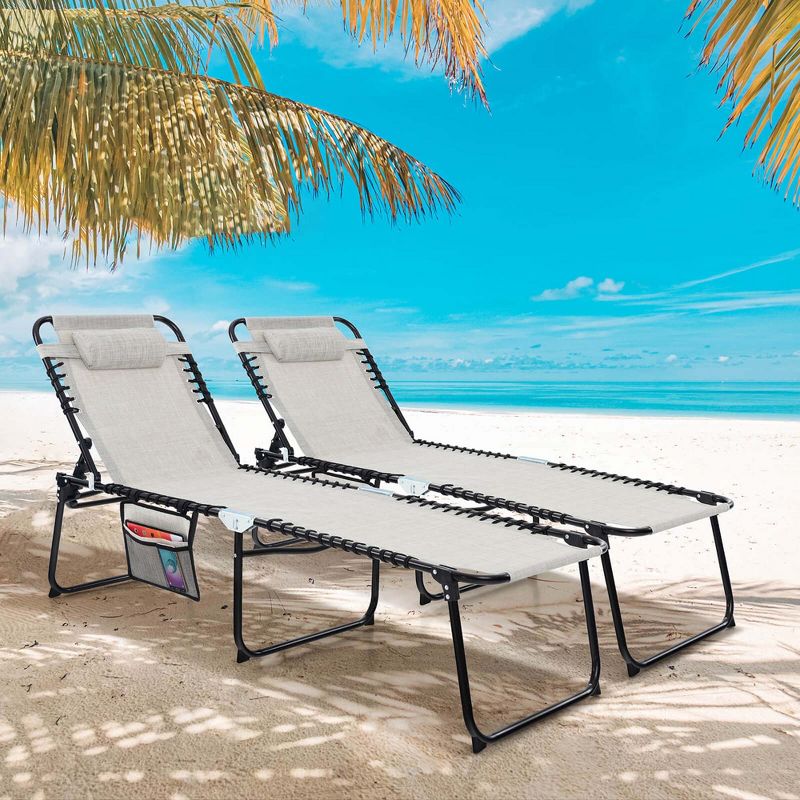 Costway 2 PCS Folding Chaise Lounge Chair Portable Sun Lounger with Adjustable Backrest Grey/Navy, 1 of 9