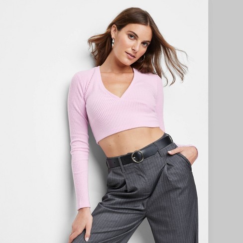 Women's Long Sleeve V-neck Cozy Rib T-shirt - Wild Fable™ Light Pink M :  Target