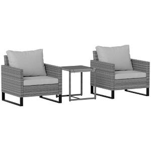3PCS Patio Set, Wicker Bistro Set with Cushions, Rattan Chairs, Glass Coffee Table for Backyard, Porch, Balcony - 1 of 4