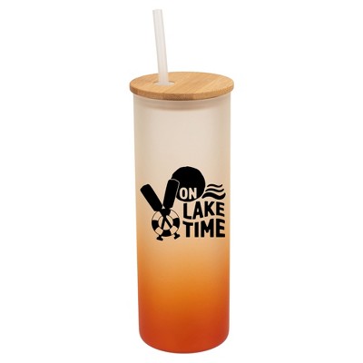 Elanze Designs On Lake Time Summer Vibes Wrap-Around Design 25 Ounce Frosted Gradient Glass On-The-Go Coffee Travel Skinny Tumbler Mug Cup, Bamboo Lid