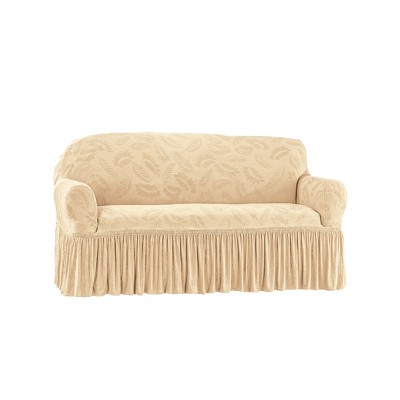 Collections Etc Leaf Design Ruffle Border Stretch Furniture Cover Loveseat Cream