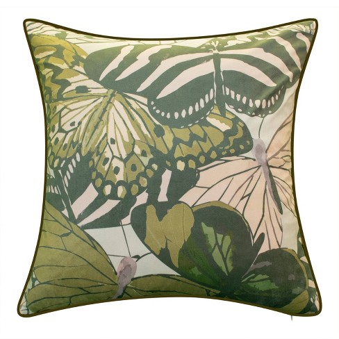 Pale green floral needlepoint pillow w/ green velvet back, 12x12
