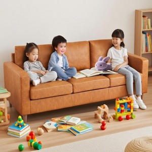 Mid-Century Modern 85" Large 3-Seat Sofa with Wood Legs - High-Density Foam for Living Room, Tan - 1 of 4