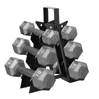 HolaHatha Hexagonal Non Slip Free Hand Dumbbell Weight Training Exercise Set w/ Textured Grips & Folding Storage Rack