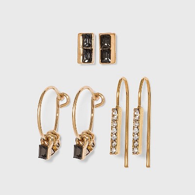 Hoop and Threader Stud Earring Set 3pc - A New Day™ Gold