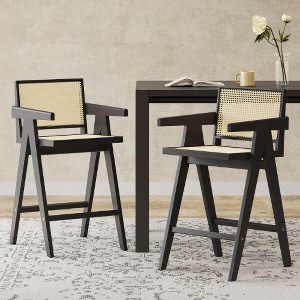 Kumasinova 2-Peice Modern Square Bar Stools with Full Backrest, Minimalist Counter Stool with Cane Seat & Solid Wood Frame, Counter Height Bar Stools - 1 of 4