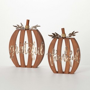 12"H & 13.25"H Sullivans Wooden Text Pumpkin Set of 2  Brown - 1 of 3