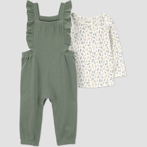 Carter's Just One You® Baby Girls' 2pc Floral Long Sleeve Bodysuit and Ruffle Overalls Set - Green - 1 of 4