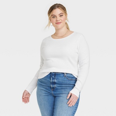 Women's Long Sleeve Shrunken Rib T-shirt - Universal Thread™ White 4x :  Target