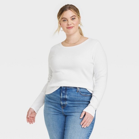 Women's Long Sleeve Shrunken Rib T-Shirt - Universal Thread™ White 4X