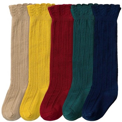 Cozyway Ruffled Knee-High Socks, 5 Pairs for Baby Girls, Rainbow Colors, 0-6 Months