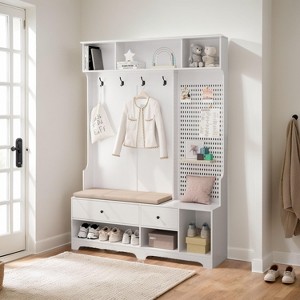 77.17"H 4-in-1 Design Hall Tree with 4 Hooks, Coat Rack, DIY Pegboard and Entryway Removable Linen Cushioned Storage Bench - ModernLuxe - 1 of 4