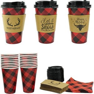 4E's Novelty 12 Pack 16 oz Buffalo Plaid Hot Cups with Lids, Napkins, Sleeves – Christmas Disposable Coffee Cups - 1 of 4