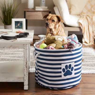 Large Navy and White Striped Collapsible Pet Storage Bin