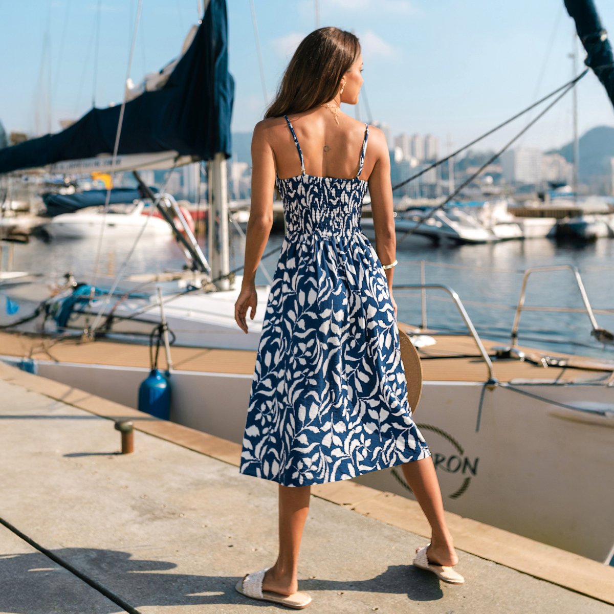 Женские платья Cupshe Women's Spaghetti Strap Maxi Dress with Leaf Print-M-Blue — фото 4
