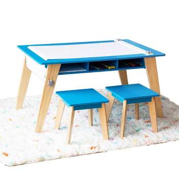 Costway 3-Piece Kids Wood Top Art Table and Chairs Set Drawing Desk with  Paper Roll Storage Shelf Bins HY10122CF - The Home Depot