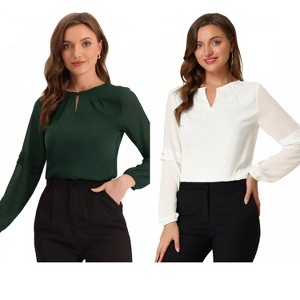 Allegra K Women's Chiffon Semi Sheer Keyhole Neck Elegant Work Blouse 2 Packs - 1 of 4