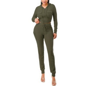 Slickblue Ribbed Zip-Up Cargo Hoodie and Jogger Set for Women - 2 Piece Loungewear, Brown/Blue/Black/Army Green, Size S-XL - 1 of 4