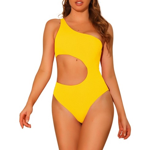 Elerevyo Women s One Shoulder Monokini Asymmetric Waist Cutout Solid Swimwear Bathing Suit 1 Pc Yellow X large Target