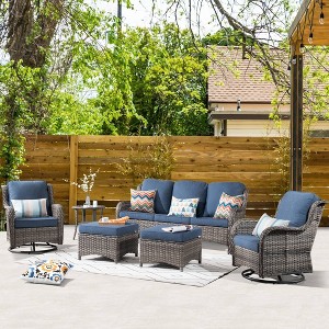 Ovios Orlando 6pc Brown Wicker Outdoor Patio Furniture Conversation Sofa Set with Swivel Chairs and Cushions - 1 of 4