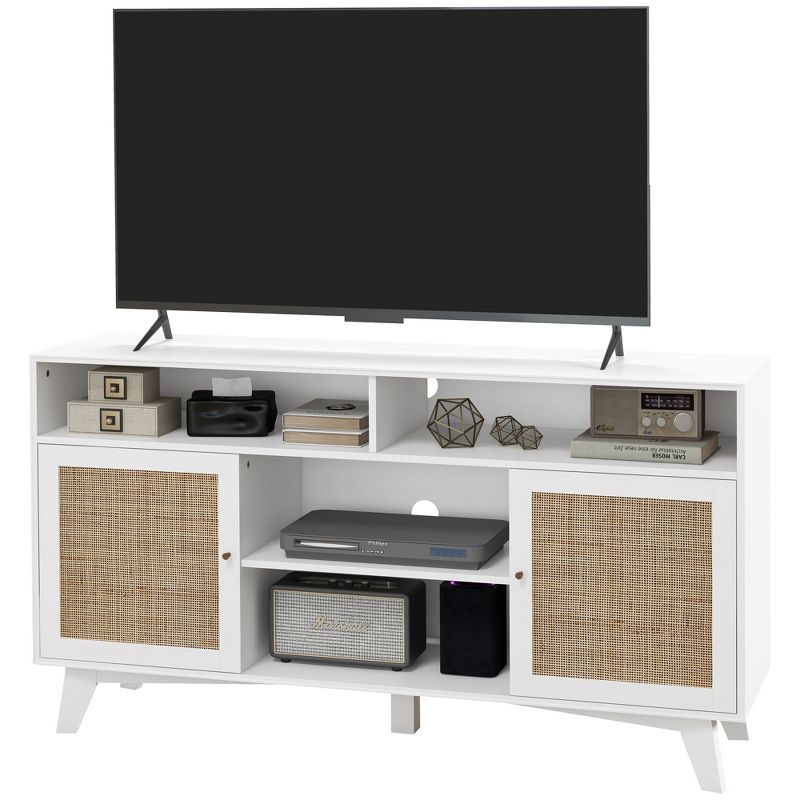 HOMCOM TV Stand Cabinet for TVs up to 65", Boho Entertainment Center with Rattan Doors, Adjustable Shelves and 4 Open Shelves for Living Room, White, 4 of 7