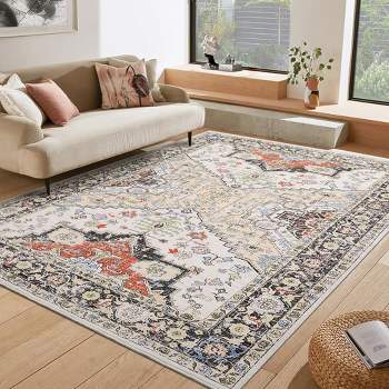 Boho Washable Rug Soft Oriental Printed Distressed Rug Vintage Floral Throw Carpet, 6'x9' Yellow Red