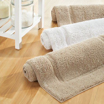 Beige Cotton Rectangular Bathroom Rug with Decorative Border