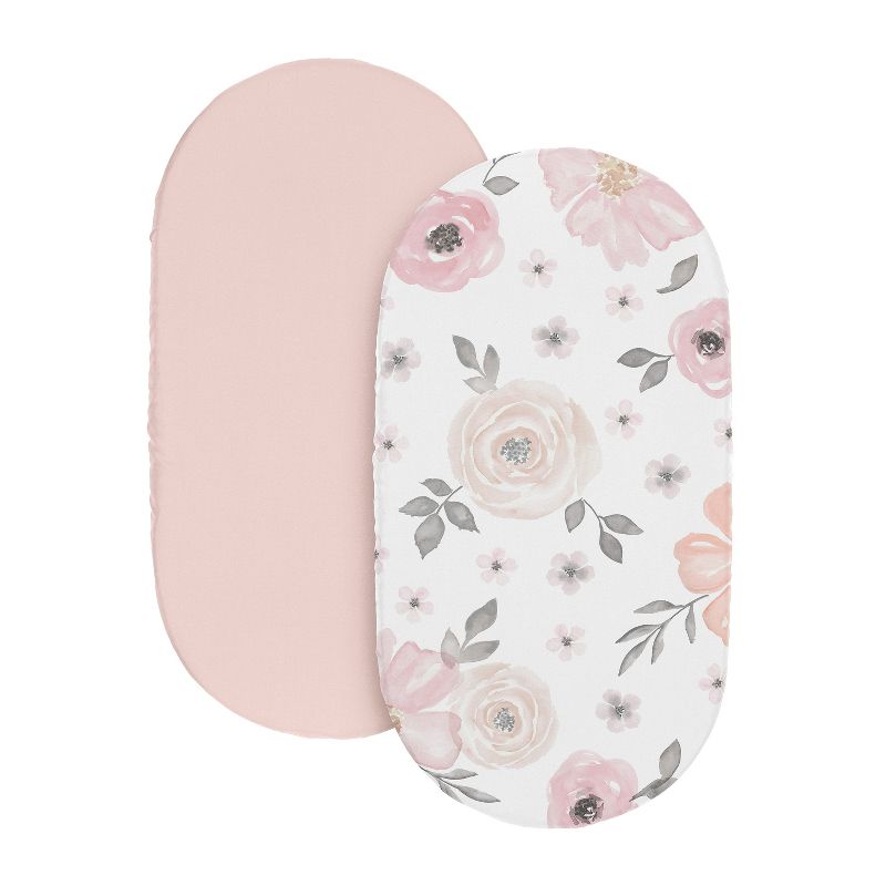Sweet Jojo Designs Girl Baby Bassinet Fitted Sheets Set Watercolor Floral Pink Grey and White 2pc, 3 of 8