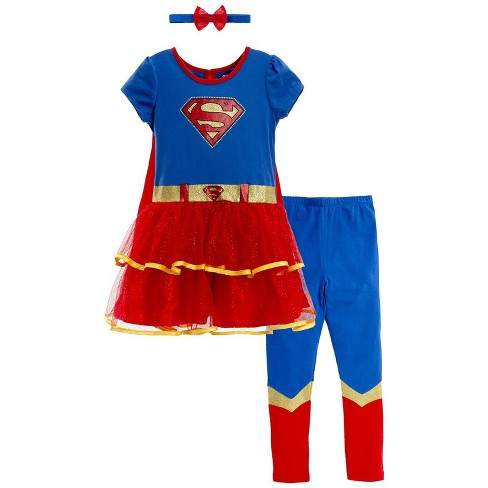 DC Comics Justice League Supergirl Infant Baby Girls Costume Dress Leggings  Cape and Headband 4 Piece Set 6-12 Months