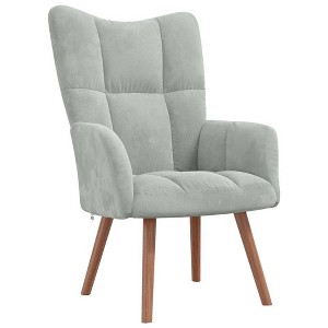 vidaXL Modern Light Grey Velvet Armchair with Wooden Legs, Thick Padded Foam Seat, Aesthetic Blocks on Backrest - Light Gray - 1 of 4