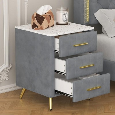 INFURNIC Nightstands Upholstered Wooden Nightstand with 3 Drawers Metal Legs and Handles Marbling Top for Bedroom, Grey, 16.3"*16.3"*21.8"