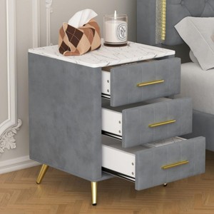 INFURNIC Nightstands Upholstered Wooden Nightstand with 3 Drawers Metal Legs and Handles Marbling Top for Bedroom, Grey, 16.3"*16.3"*21.8" - 1 of 4
