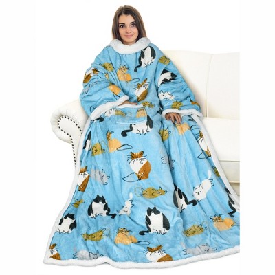 Adults Fuzzy Cozy Wearable Blanket with Sleeves Arms, Flannel Fleece Sleeved TV Wrap Blanket, Snuggly Throw for Women Men, Gift for Her - Catalonia