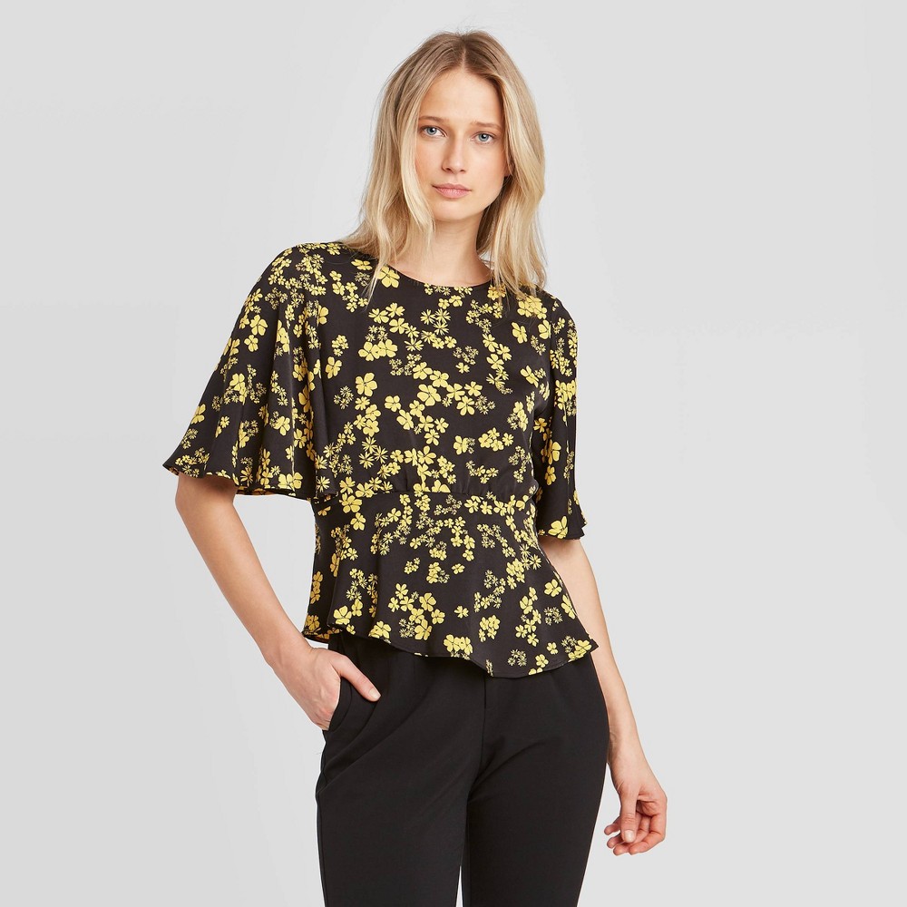 Women's Floral Print Short Sleeve Round Neck Blouse - Who What Wear Yellow M, Women's, Size: Medium was $24.99 now $17.49 (30.0% off)