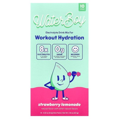 Waterboy Workout Hydration, Electrolyte Drink Mix, Strawberry Lemonade, 10 Stick Packs, 0.22 oz (6.1 g) Each