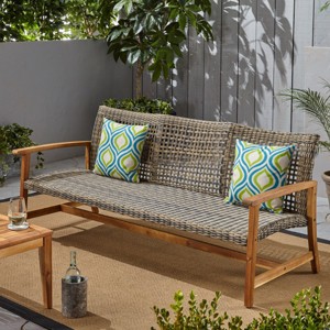 3-Person Outdoor Wicker Woven Patio Sofa,Lounge Sofa with Slatted Acacia Wood Arms,Modern Wooden Sofa for Deck or Backyard-Coolbibila - 1 of 4