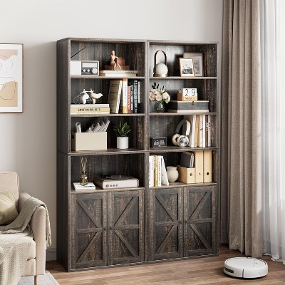 71.4" Tall Bookcase, Industrial Large Bookcase with Doors, Freestanding Farmhouse Bookshelf with Storage Shelves, Home Storage Furniture, Gray
