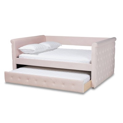 Light Pink Velvet Queen Daybed with Trundle and Tufted Upholstery