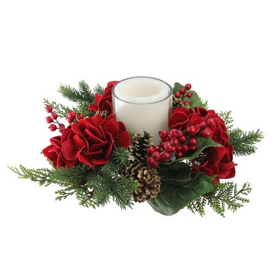 Northlight 15" Artificial Mixed Pine Hydrangea Wreath Pillar Candle Holder - Red/Green