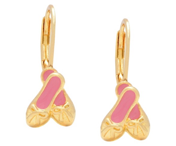 ELLEN 18k Gold Overlay Enamel Children's Ballet Slippers Leverback Earrings - Pink