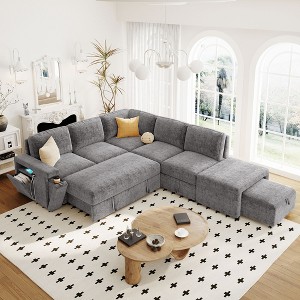 Convertible L-shaped Modular Sectional Sofa Bed with Storage Space, Built-in USB Ports and Cup Holders, 2 Ottomans - 1 of 4