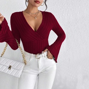 Womens Tops Wrap V Neck Bell Sleeve Knit Fitted Tshirt Fall Winter Top - 1 of 4