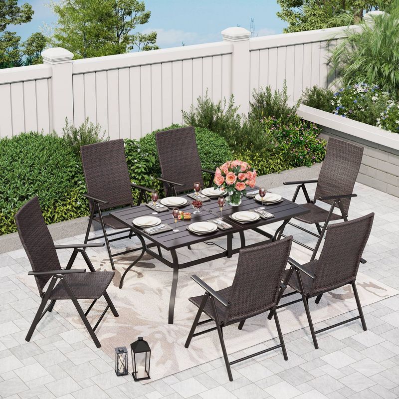 7pc Outdoor Dining Set with 7 Position Adjustable Wicker Chairs &#38; Metal Rectangle Table with Umbrella Hole - Black - Captiva Designs, 1 of 14