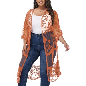 Anna-Kaci Women's Plus Size Lace Cardigan Short Sleeve Open Front Floral Crochet Long Duster - 1 of 4