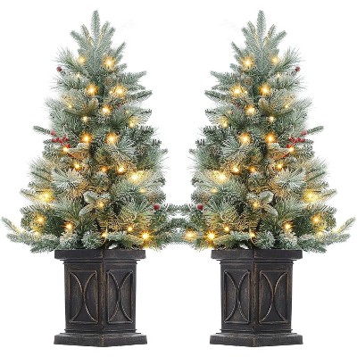 GAOMON 3FT Pre-Lit Mini Christmas Tree with Flocked Snow, 78 Warm White LED Lights 8 Modes, 2 Set Small Christmas Tree