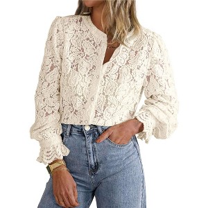 Coolmee Women's Dressy Casual Lace Blouse Long Sleeve Button Up Shirts Tops Spring Fall  Clothes - 1 of 3