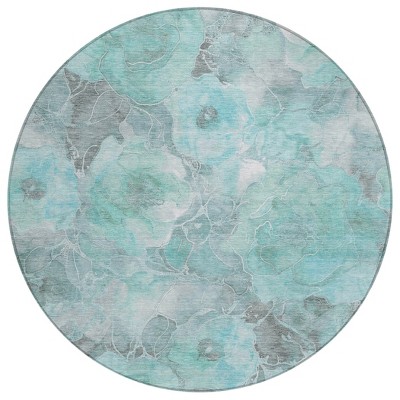 Teal Blue And Gray Floral Washable Indoor Outdoor Area Rug