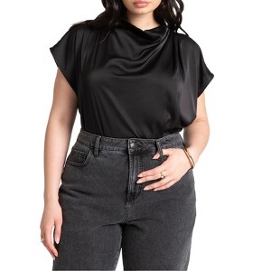 ELOQUII Women's Plus Size Pleat Detail Satin Shirt - 14, Black Onyx - 1 of 4